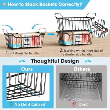SUNALLY Freezer Organizer Bins, 4 Pack Stackable Chest Freezer Organizer for 5-7 Cu.FT Deep Freezer Sort Frozen Meats and Food, Freezer Storage Baskets with Handles Easy Reach from Bottom, Black