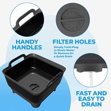 Rainmax Wash Basin, Portable Sink, Folding Laundry Tub, Washing Basin with draining Plug, Camping Collapsible Dish Tub, Plastic Tub Carry Handles. Black