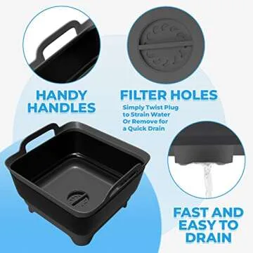 Rainmax Wash Basin, Portable Sink, Folding Laundry Tub, Washing Basin with draining Plug, Camping Collapsible Dish Tub, Plastic Tub Carry Handles. Black