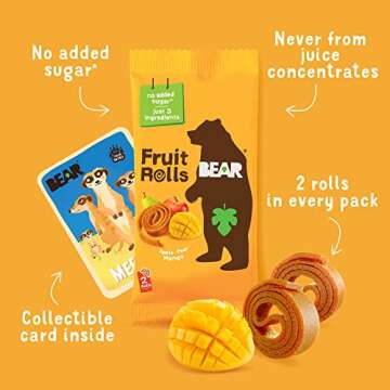 BEAR Real Fruit Snack Rolls, Mango – 12 Pack (2 Rolls Per Pack) – Gluten Free, Vegan, and Non-GMO – Healthy School And Lunch Snacks For Kids And Adults, 0.7 Ounce