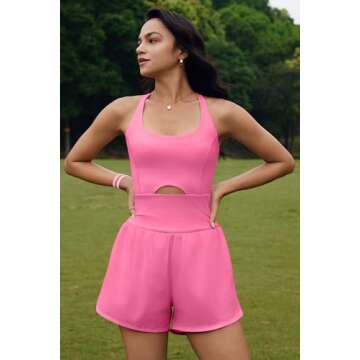 ReachMe Womens Running Onesie Workout Rompers Athletic Romper One Piece Outfits Exercise Jumpsuits Gym Yoga Clothes(Light Pink,M)