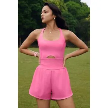 ReachMe Womens Running Onesie Workout Rompers Athletic Romper One Piece Outfits Exercise Jumpsuits Gym Yoga Clothes(Light Pink,M)