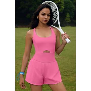 ReachMe Womens Running Onesie Workout Rompers Athletic Romper One Piece Outfits Exercise Jumpsuits Gym Yoga Clothes(Light Pink,M)