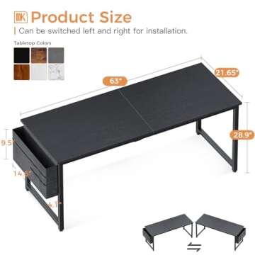 ODK Computer Desk Large Office Desk, 63 Inch Gaming Desk with Storage, Modern PC Desk Work Table with Headphone Hook for Home Office, Black