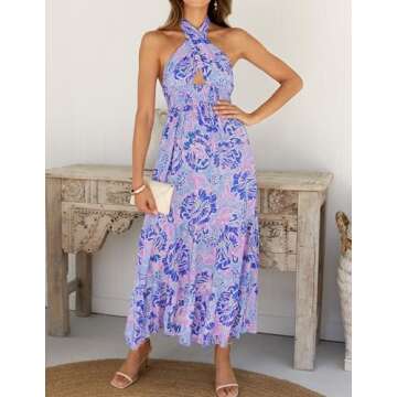 ZESICA Summer Crossover Maxi Dress - Floral Halter Style