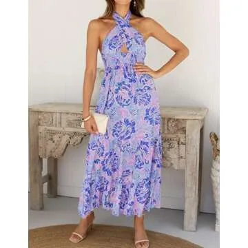 ZESICA Summer Crossover Maxi Dress - Floral Halter Style