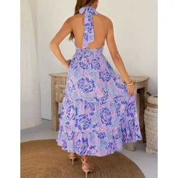 ZESICA Summer Crossover Maxi Dress - Floral Halter Style