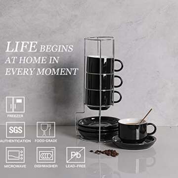Sweejar Ceramic Espresso Cups with Saucers, 4 Ounce Stackable Cappuccino Cups with Metal Stand for C...
