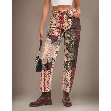 Kedera Womens Low Rise Barrel Jeans Wide Leg Drawstring Vintage Denim Pants Horseshoe Cropped Jeans with Patch Pockets Brown