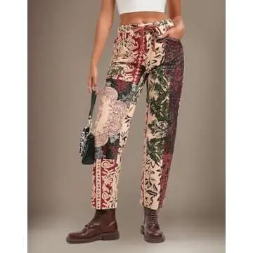 Kedera Womens Low Rise Barrel Jeans Wide Leg Drawstring Vintage Denim Pants Horseshoe Cropped Jeans with Patch Pockets Brown