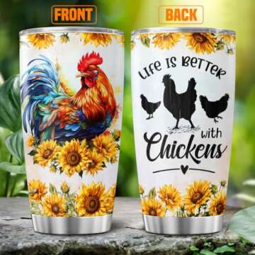 JENOIS Chicken Gifts, Flower Cups Sunflower Floral Spring, Tumbler 20 Oz With Lid And Straw, Life Is Better With Chicken