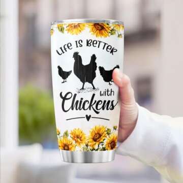 JENOIS Chicken Gifts, Flower Cups Sunflower Floral Spring, Tumbler 20 Oz With Lid And Straw, Life Is Better With Chicken