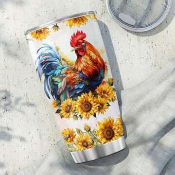 JENOIS Chicken Gifts, Flower Cups Sunflower Floral Spring, Tumbler 20 Oz With Lid And Straw, Life Is Better With Chicken