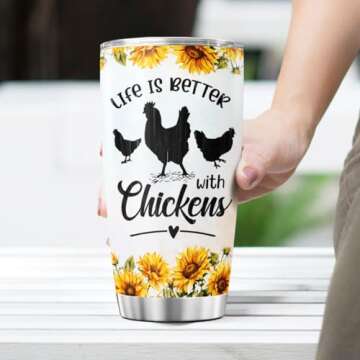JENOIS Chicken Gifts, Flower Cups Sunflower Floral Spring, Tumbler 20 Oz With Lid And Straw, Life Is Better With Chicken