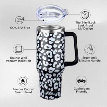 40 oz Tumbler with Handle and Straw Lid | Stainless Steel Water Bottle Travel Mug Reusable Insulated Cup With Lid And Straw, 360° Leak Proof, Keep Cold Heat and Ice for Hours(40oz,Black Leopard)