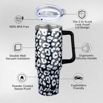 40 oz Tumbler with Handle and Straw Lid | Stainless Steel Water Bottle Travel Mug Reusable Insulated Cup With Lid And Straw, 360° Leak Proof, Keep Cold Heat and Ice for Hours(40oz,Black Leopard)