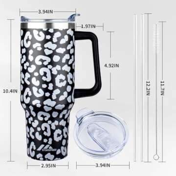40 oz Tumbler with Handle and Straw Lid | Stainless Steel Water Bottle Travel Mug Reusable Insulated Cup With Lid And Straw, 360° Leak Proof, Keep Cold Heat and Ice for Hours(40oz,Black Leopard)