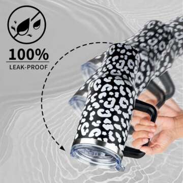 40 oz Tumbler with Handle and Straw Lid | Stainless Steel Water Bottle Travel Mug Reusable Insulated Cup With Lid And Straw, 360° Leak Proof, Keep Cold Heat and Ice for Hours(40oz,Black Leopard)