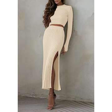 Duigluw Women 2 Piece Outfits Winter Long Sleeve Crop Top Bodycon Pleated Skirt Knit Sweater Dress Set