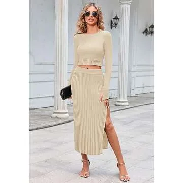 Duigluw Women 2 Piece Outfits Winter Long Sleeve Crop Top Bodycon Pleated Skirt Knit Sweater Dress Set