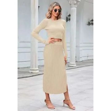 Duigluw Women 2 Piece Outfits Winter Long Sleeve Crop Top Bodycon Pleated Skirt Knit Sweater Dress Set