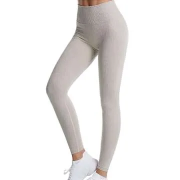 Women's Black Leggings with Pockets Yoga Pants All Season Versatile High Waisted Stripe Tight Elastic Pants (Khaki, S)