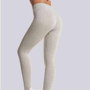 Women's Black Leggings with Pockets Yoga Pants All Season Versatile High Waisted Stripe Tight Elastic Pants (Khaki, S)