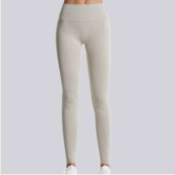 Women's Black Leggings with Pockets Yoga Pants All Season Versatile High Waisted Stripe Tight Elastic Pants (Khaki, S)