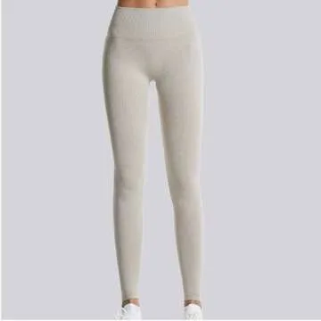 Women's Black Leggings with Pockets Yoga Pants All Season Versatile High Waisted Stripe Tight Elastic Pants (Khaki, S)