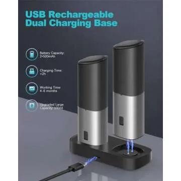 Ultrean Gravity Electric Salt and Pepper Grinder Set - USB Rechargeable With Dual Charging Base - Adjustable Fineness - One Handed Operation, Stainless Steel Construction, Auto Dust Lids, LED Light
