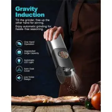Ultrean Gravity Electric Salt and Pepper Grinder Set - USB Rechargeable With Dual Charging Base - Adjustable Fineness - One Handed Operation, Stainless Steel Construction, Auto Dust Lids, LED Light
