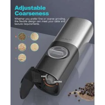 Ultrean Gravity Electric Salt and Pepper Grinder Set - USB Rechargeable With Dual Charging Base - Adjustable Fineness - One Handed Operation, Stainless Steel Construction, Auto Dust Lids, LED Light
