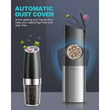 Ultrean Gravity Electric Salt and Pepper Grinder Set - USB Rechargeable With Dual Charging Base - Adjustable Fineness - One Handed Operation, Stainless Steel Construction, Auto Dust Lids, LED Light