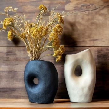 Falls Oak Black and White Ceramic Vase Set of 2,Modern Home Decor,Minimalist Nordic Boho Textured Va...