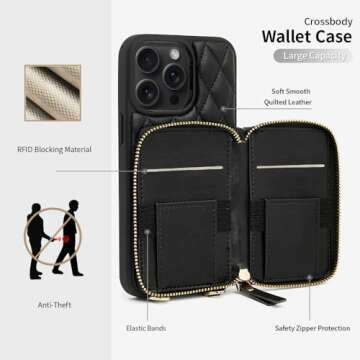 LAMEEKU for iPhone 15 Pro Case Wallet, Crossbody Wallet Case with Card Holder, Quilted Leather Zipper Case Wrist Strap RFID Blocking Case for Women for iPhone 15 Pro 6.1" Black