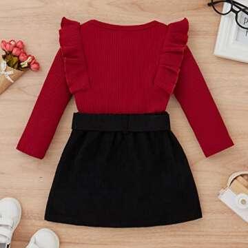 Kupretty Toddler Baby Girl Fall Winter Clothes Solid Knit Ruffle Pullover Tops Corduroy Mini Skirts Outfits (W Red Tops Black Corduroy Skirt Set, 3-4T)