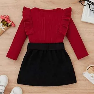 Kupretty Toddler Baby Girl Fall Winter Clothes Solid Knit Ruffle Pullover Tops Corduroy Mini Skirts Outfits (W Red Tops Black Corduroy Skirt Set, 3-4T)