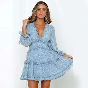 Fashionable Ruffled Deep V Neck Mini Dress for Summer