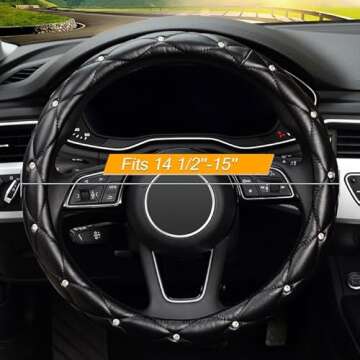 KAFEEK Diamond Soft Leather Steering Wheel Cover with Bling Bling Crystal Rhinestones, Universal 15 ...