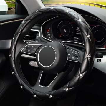 KAFEEK Diamond Soft Leather Steering Wheel Cover with Bling Bling Crystal Rhinestones, Universal 15 inch Anti-Slip