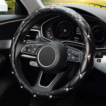 KAFEEK Diamond Soft Leather Steering Wheel Cover with Bling Bling Crystal Rhinestones, Universal 15 inch Anti-Slip