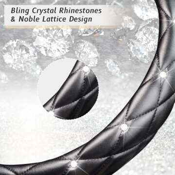 KAFEEK Diamond Soft Leather Steering Wheel Cover with Bling Bling Crystal Rhinestones, Universal 15 inch Anti-Slip