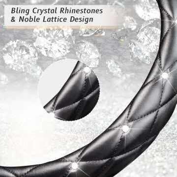 KAFEEK Diamond Soft Leather Steering Wheel Cover with Bling Bling Crystal Rhinestones, Universal 15 inch Anti-Slip