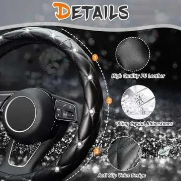 KAFEEK Diamond Soft Leather Steering Wheel Cover with Bling Bling Crystal Rhinestones, Universal 15 inch Anti-Slip