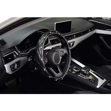 KAFEEK Diamond Soft Leather Steering Wheel Cover with Bling Bling Crystal Rhinestones, Universal 15 inch Anti-Slip