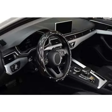KAFEEK Diamond Soft Leather Steering Wheel Cover with Bling Bling Crystal Rhinestones, Universal 15 inch Anti-Slip
