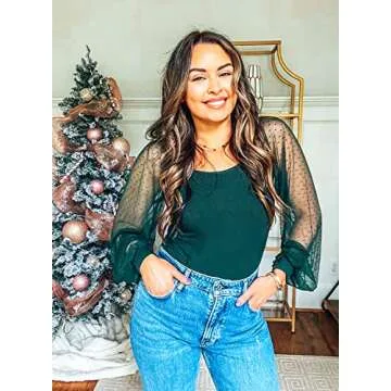 DOROSE Women's Sheer Mesh Long Sleeve Tops Blouse Work Casual Shirts Dark Green S