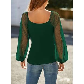 DOROSE Women's Sheer Mesh Long Sleeve Tops Blouse Work Casual Shirts Dark Green S