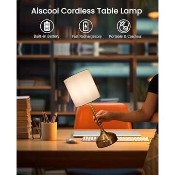 Aiscool Cordless LED Table Lamp with Dimmer, Built-in 5200mAh Rechargeable Battery, 3-Level Brightne...
