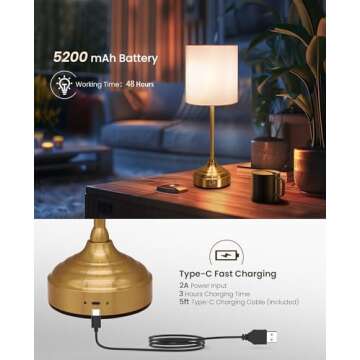 Aiscool Cordless LED Table Lamp with Dimmer, Built-in 5200mAh Rechargeable Battery, 3-Level Brightness, Touch Bedside Table Lamp for Bedroom, Night Lamp for Living Room, Fabric Shade, Gold